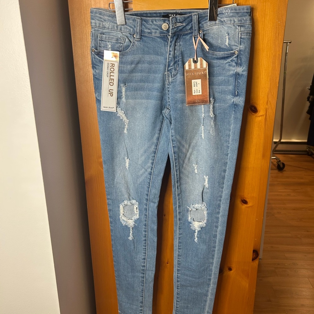 Wax Jean Blue Skinny Fit Distressed Denim size 7